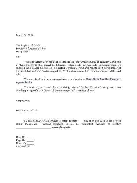 NOTICE OF LOSS: When .